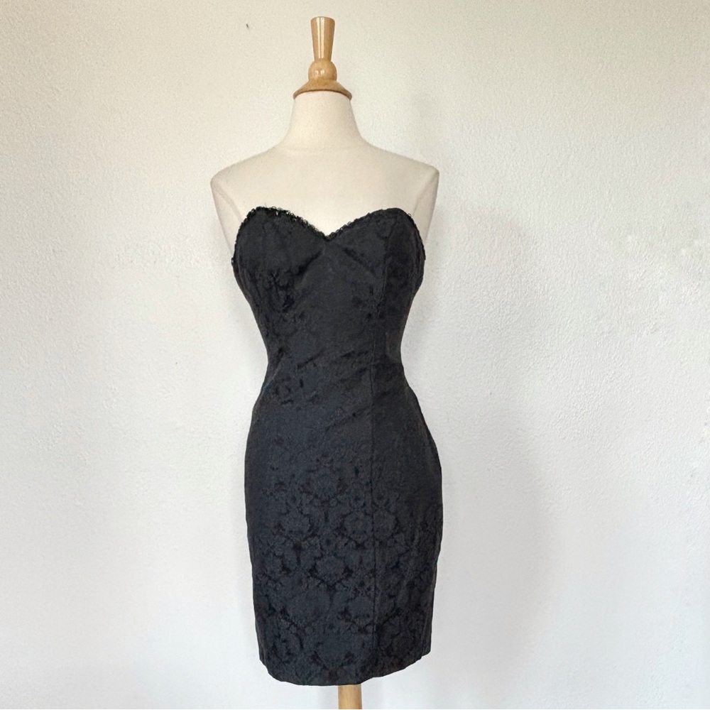 Vintage 90s Solid Black Satin Floral Strapless Sequin Union Made Dress